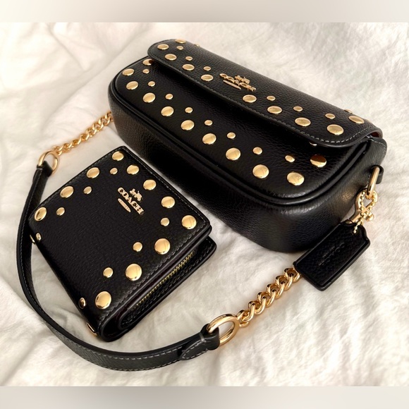👑✅PRICE FIRM✅COACH Black Pebbled Leather & Gold Studded Bag Wallet Set. NWOT - Picture 9 of 17